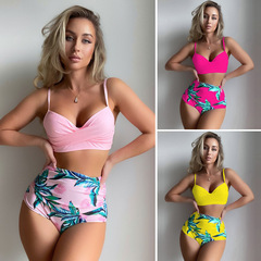 Yonghe 2022 new European and American underwire gathered high waist slimming sexy printed split bikini swimsuit for women