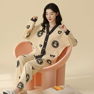 睡衣女春秋款2026年新款纯棉长袖女开衫和尚领可外穿家居服两件套