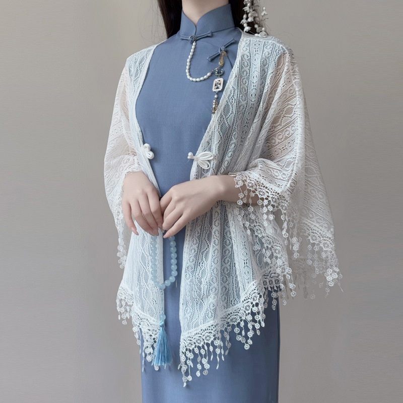 Super Fairy White Lace Shawl with Cheongsam Outer Wear 2025 Summer New Chinese Style Cardigan Sun Protection Buckle Tassel for Women