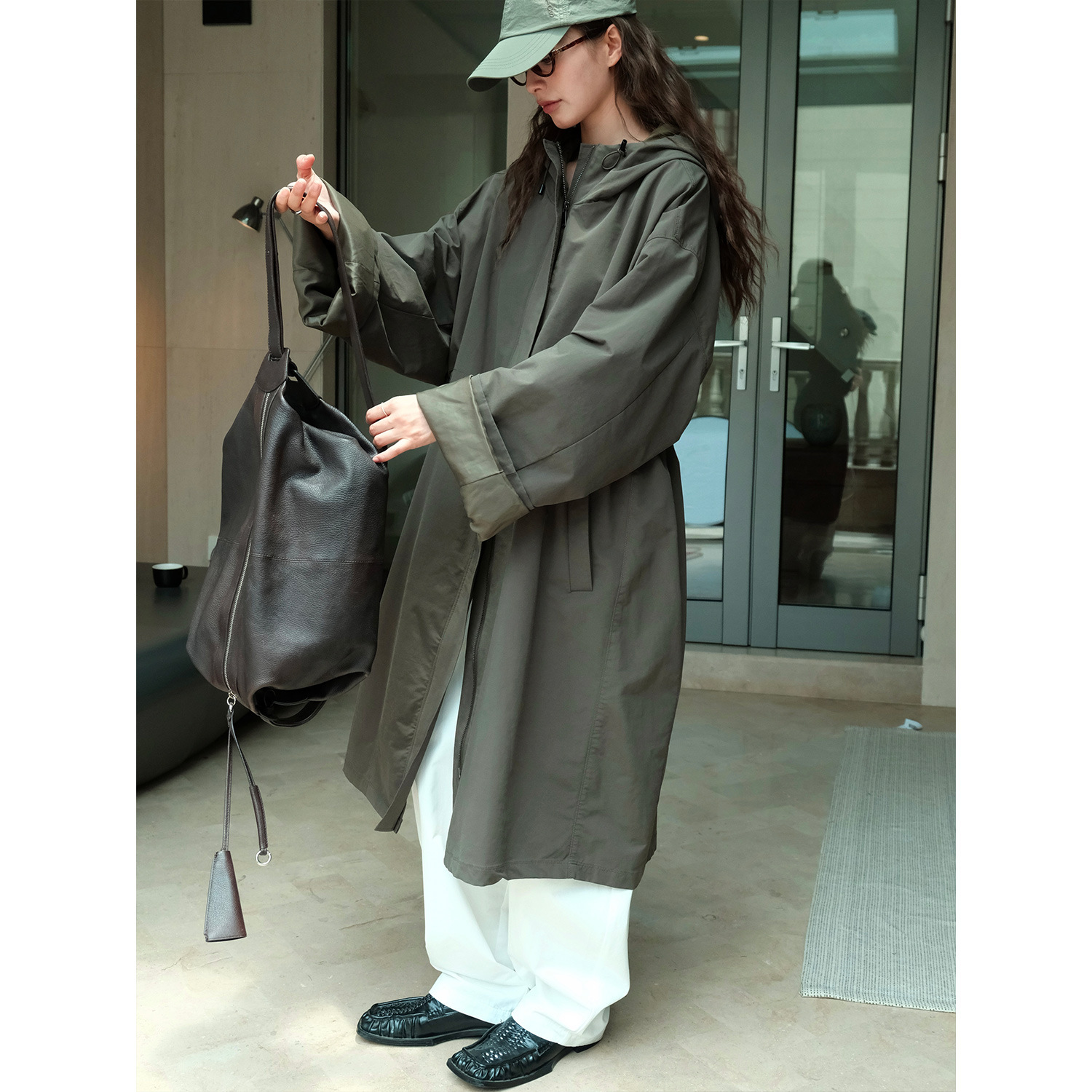 Lvu Autumn New Japanese Outdoor Street Casual Hooded Profile Coat Slimming Windproof Long Coat for Women