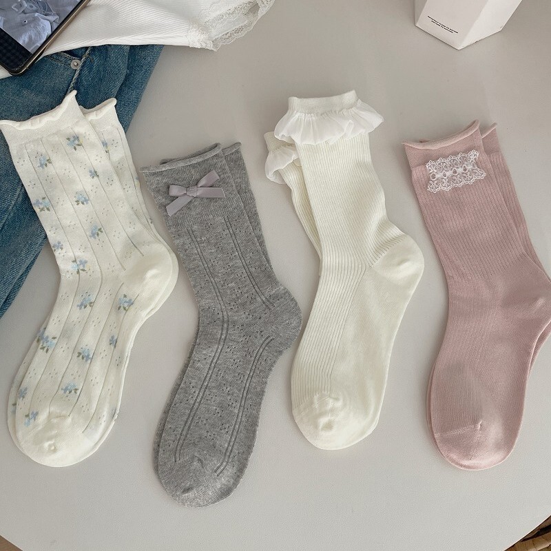 Curled Small Floral Ambient Bowknot Stacked Socks for Children Lightweight Breathable Mid-Socks Sweet JK Lolita