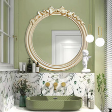 新潮欧式浴室镜圆形壁挂式洗手间卫浴镜法式led灯除雾复古化