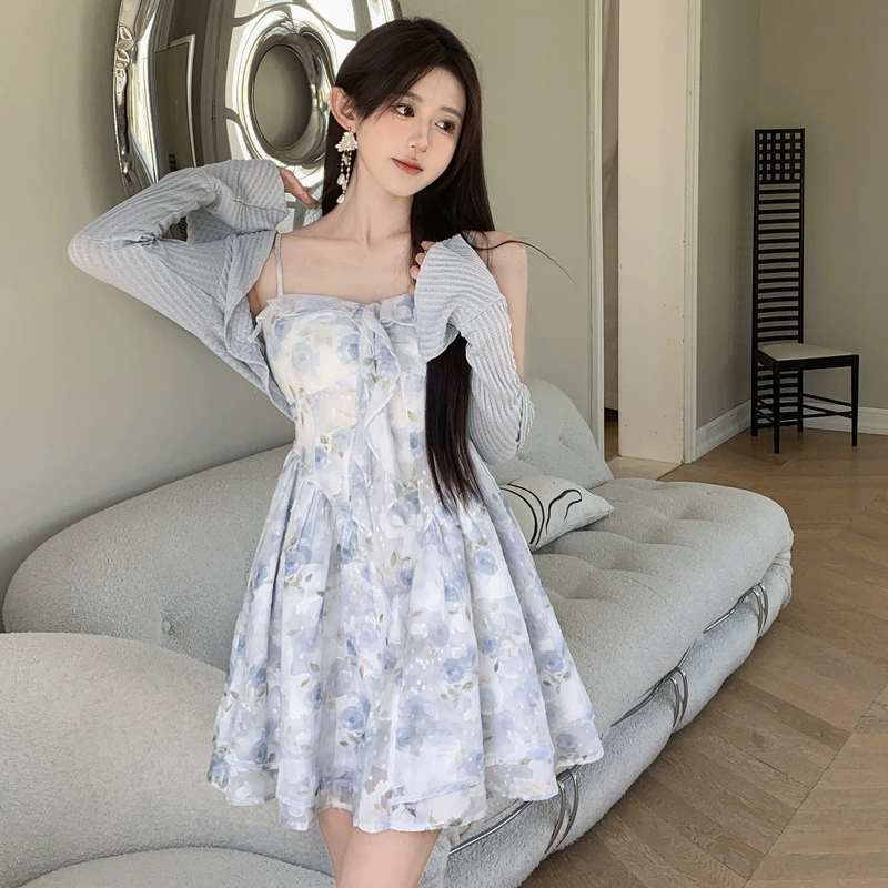 Комплект кардиган и платье для женщин, plus-size, цветочный сарафан с фатиновой юбкой, французский стиль, синий