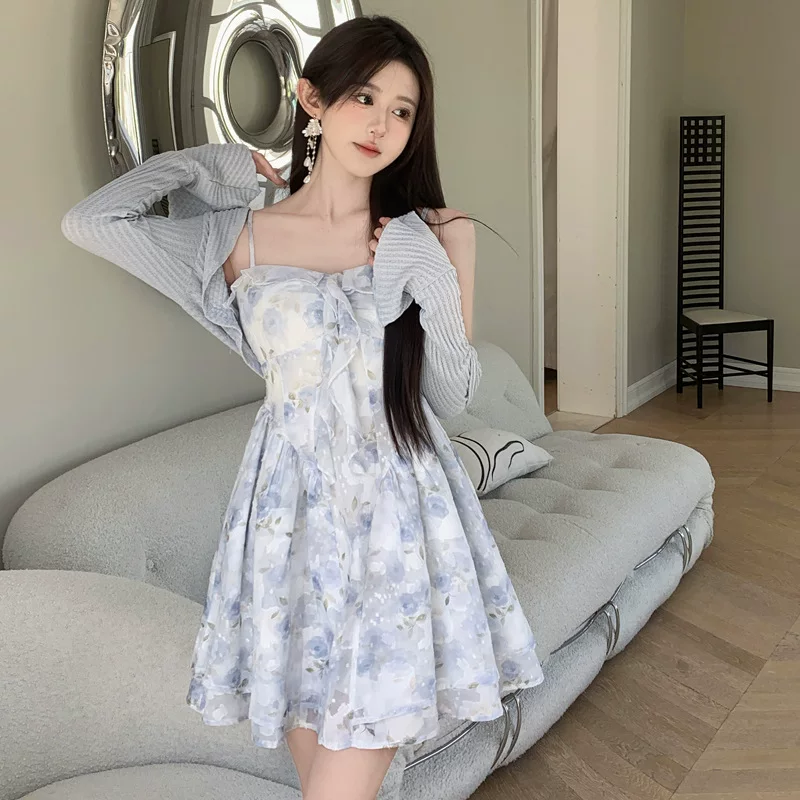 Комплект кардиган и платье для женщин, plus-size, цветочный сарафан с фатиновой юбкой, французский стиль, синий