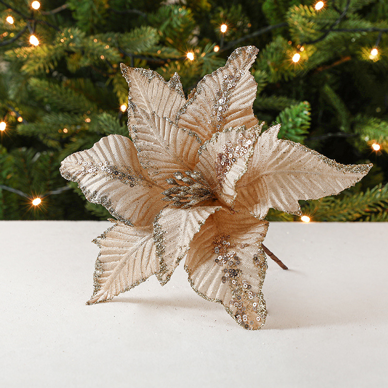 Navidad nueva flor de Navidad rojo flocado tela simulación brillo árbol de Navidad decoraciones Comercio exterior misma flor de Navidad