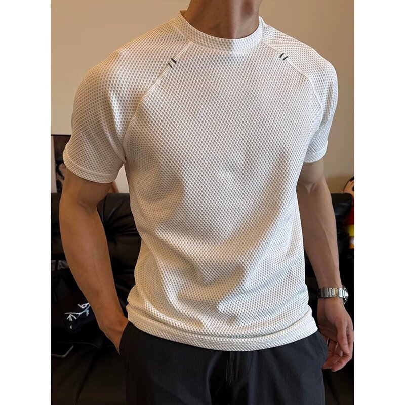 White Waffle Short-Sleeve T-Shirt for Men, Summer Sports Fitness Muscle-Enhancing Quick-Dry Small Neckline Pullover Base Shirt White Waffle Short-Sleeve T-Shirt for Men, Summer Sports Fitness Muscle-Enhancing Quick-Dry Small Neckline Pullover Base Shirt