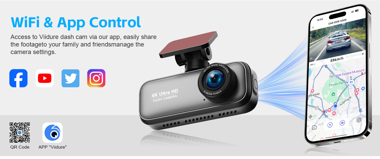 4K Dual Lens Dash Cam HD Wide Angle Night Vision WiFi Front Rear