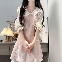 小个子绝美粉色连衣裙子女初秋季2025新爆款假两件miu系穿搭短裙