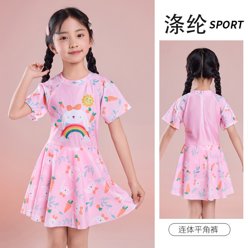 Cross-Border Children's Swimwear Girls Summer New Skirt Style Conservative Swimsuit Zipper One-Piece Culottes Swimming Clothes