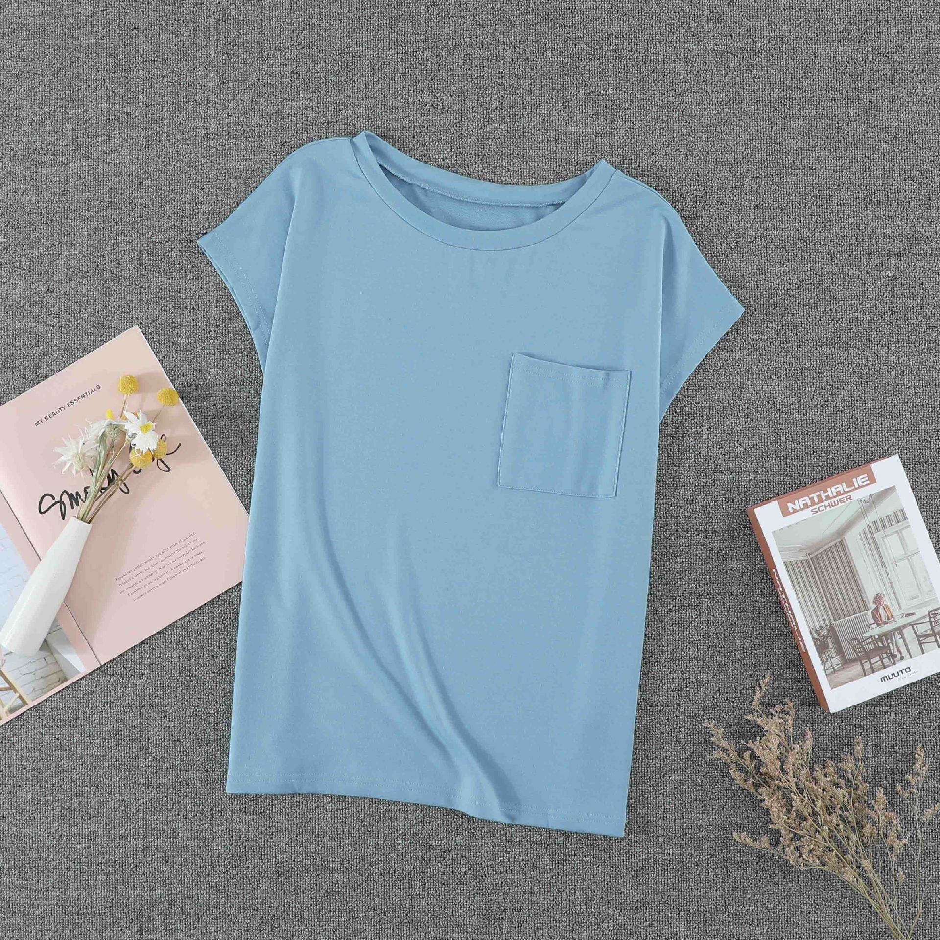 时颖短袖t恤女夏2022欧美新款宽松圆领纯色口袋跨境大码上衣女