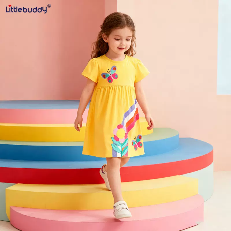 加工定制littlebuddy儿童连衣裙夏季欧美风卡通彩虹花朵童裙 公主