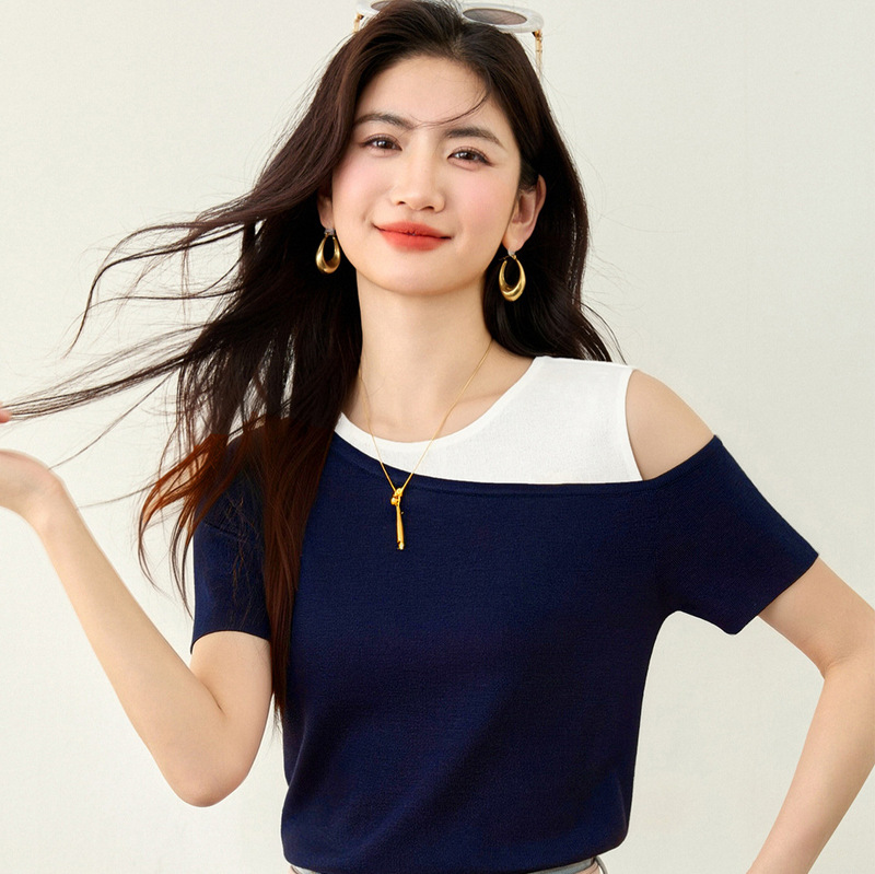 G5962 Casual and Stylish Design Top for Women, Featuring a Unique Patchwork Style, Summer Round Neck, Color-Blocking Fashion T-Shirt