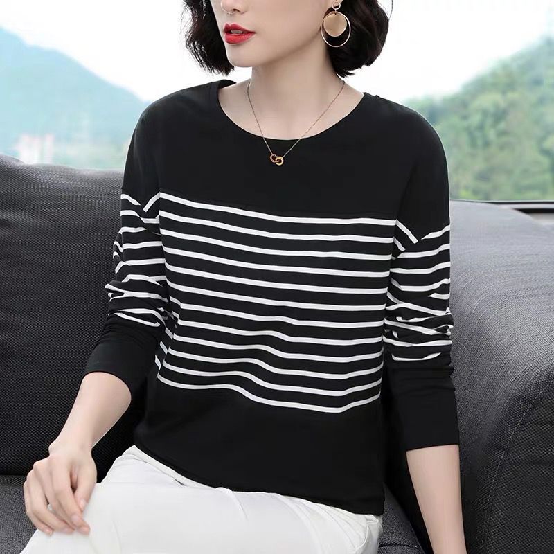 Korean-style Long-sleeved T-shirt Female Middle-aged Mother Western-style Autumn Loose Base Shirt 2024 New Striped Autumn Top