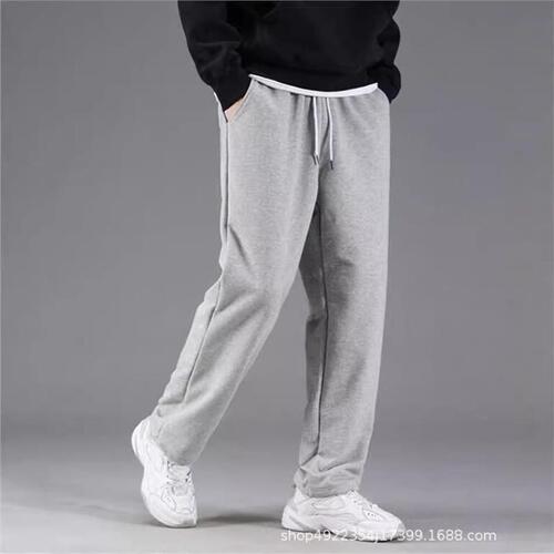 Sweatpants, four-season men's casual pants, straight leg, loose, solid color, thin and velvet pants, fashion brand bottoms