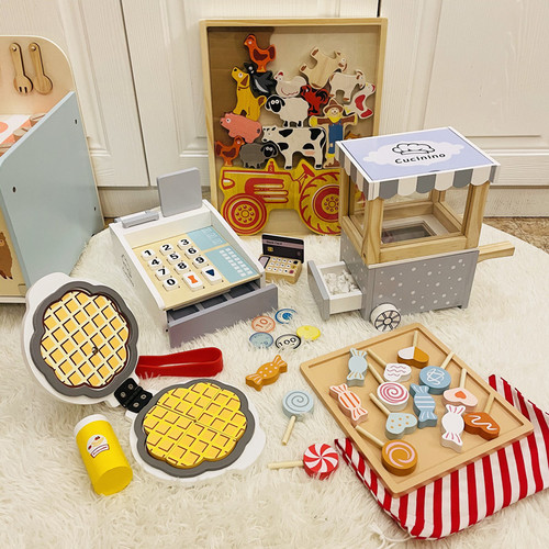 New children's play house toy popcorn sales cart candy set building blocks baby simulation cashier