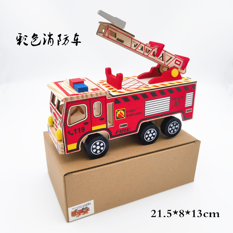 メーカー直販木製カラー消防車模型置物子供玩具車模型カラー昇降消防車卸売り|undefined