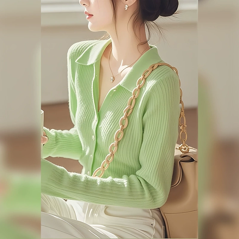 2024 новый осенний и зимний сплошной цвет лацканный свитер вязаный кардиган женский топ