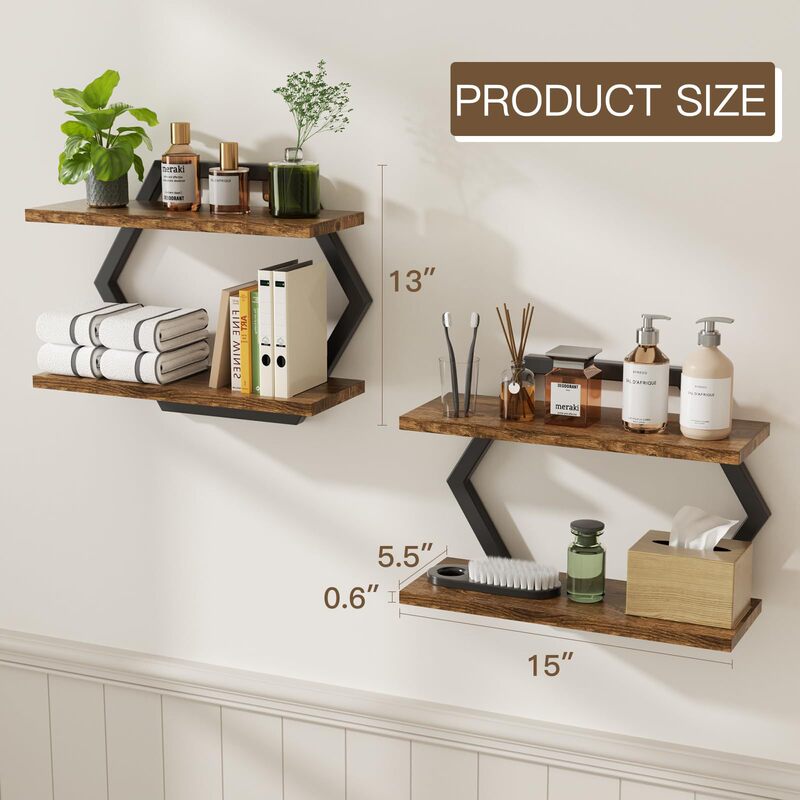 Spot New Iron Wood Hexagonal Wall Hanging Storage Rack Bedroom Living Room Wall Hanging Double-Layer Multi-Functional Decorative Rack