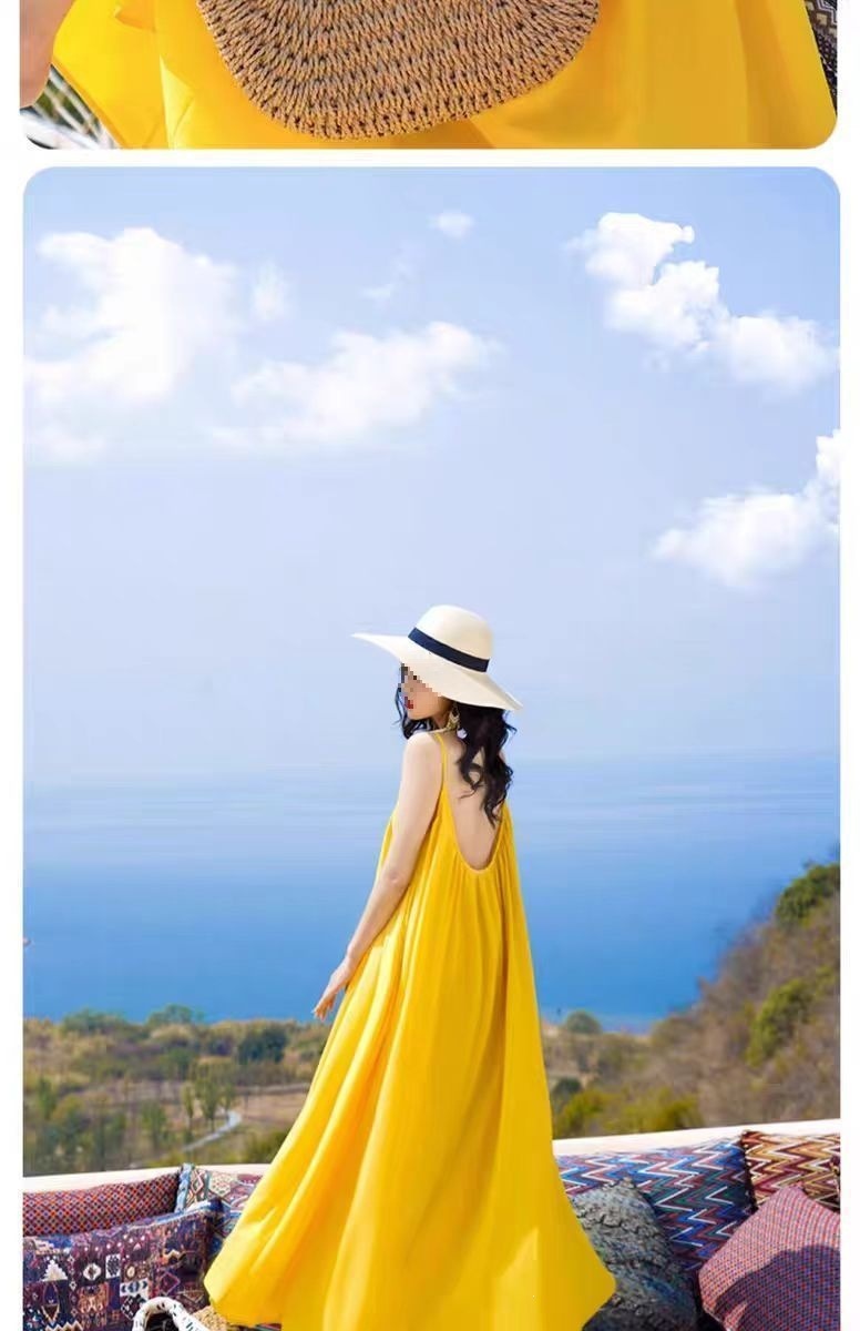 Đầm maxi nữ hở lưng thiết kế siêu tiên, phù hợp đi biển nghỉ dưỡng — màu vàng chi tiết 4