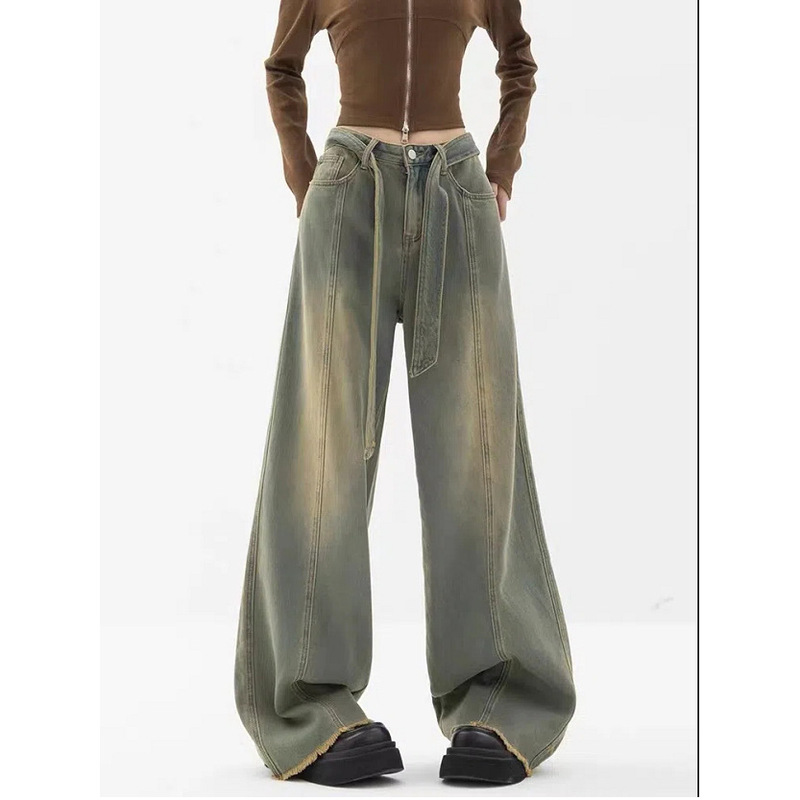 Autumn and Winter Designer Retro Blue Jeans Women's Straight Loose Wide-Leg Pants Dark Wide-Leg Floor-Length
