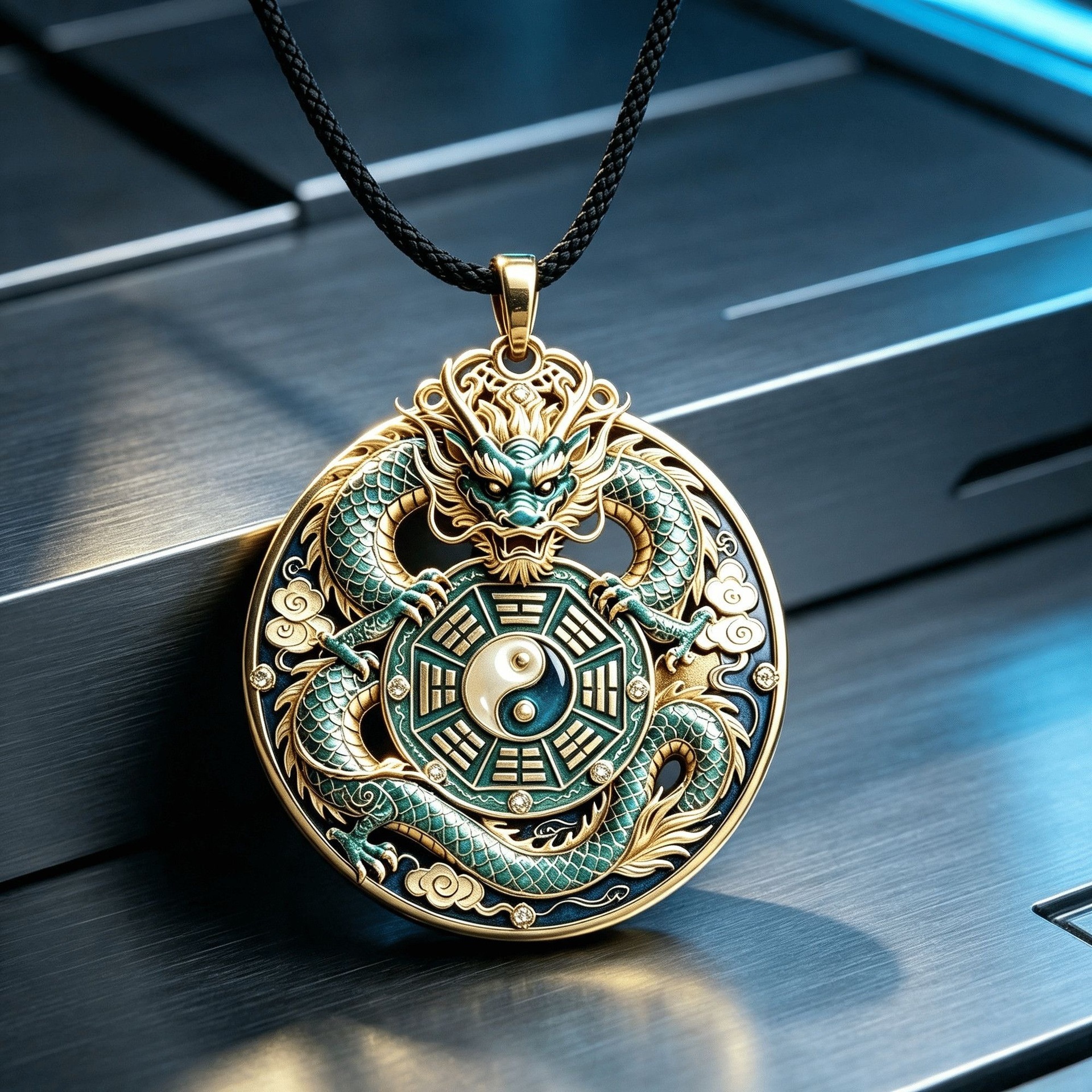 New style painted Chinese-style double dragon and bagua enamel pendant, light luxury collarbone chain with gourd, dragon, Maitreya Buddha, and Guanyin pendants
