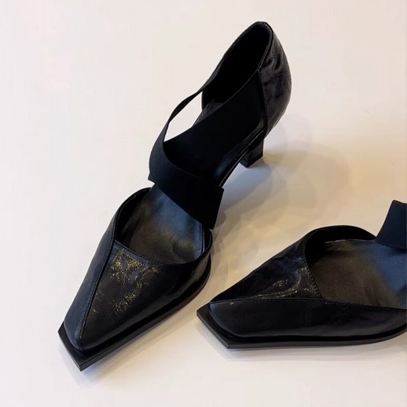 French-Style Elegant Cross-Strap Shallow Mary Jane Shoes for Women, Square Toe, Chunky Heel, High-Heeled Shoes (Tax Not Included)