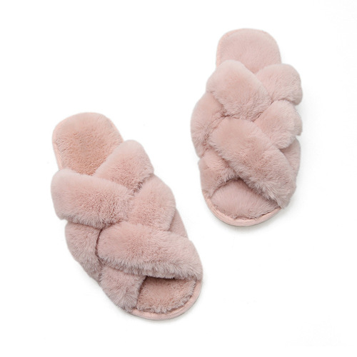 Mesh Cross Fur Slippers Women's Winter Foreign Trade Amazon Large Size Plush Flat Floor Slippers Open Toe Warm Cotton Slippers