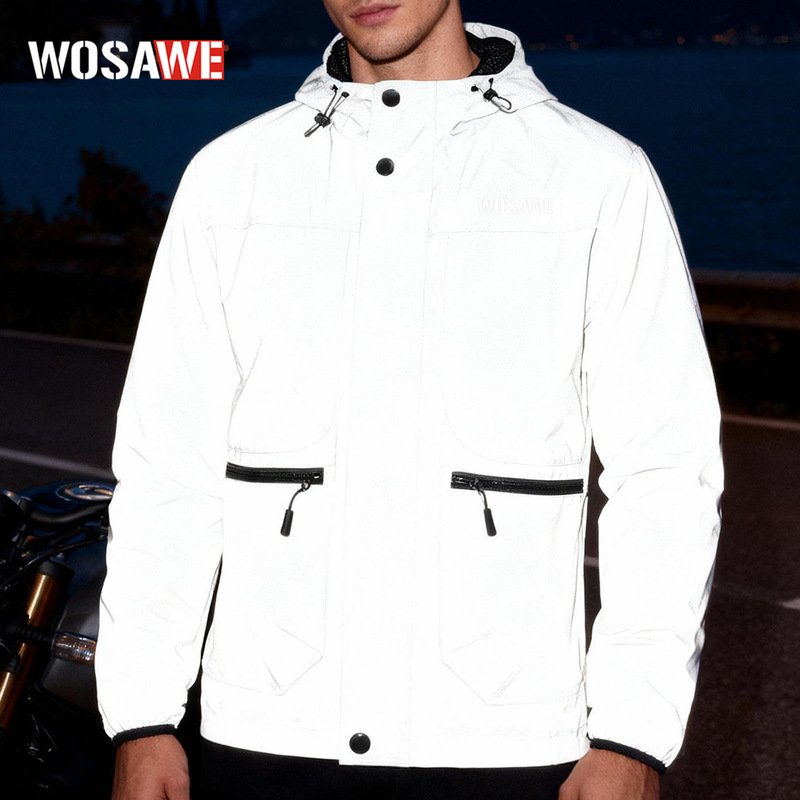 Wosawe Spring and Autumn Motorcycle Riding Full Reflective Hooded Jacket Hiking Night Riding Night Running Windbreaker Sports Jacket