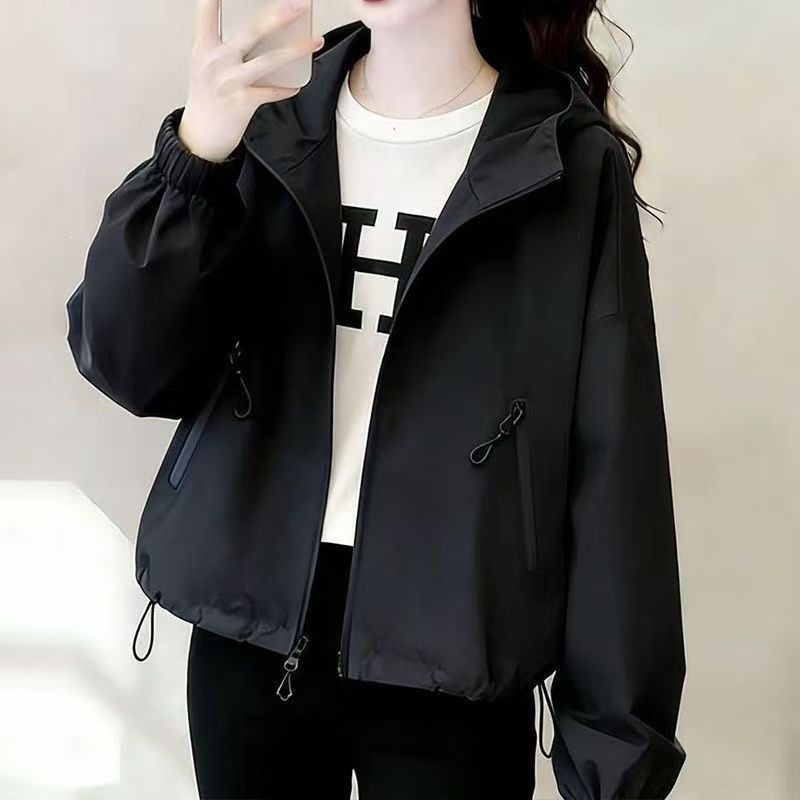 Versatile New Style Hooded Short Jacket for Women, Spring and Autumn, Petite Size, Thin Loose-Fitting Solid Color Short Jacket