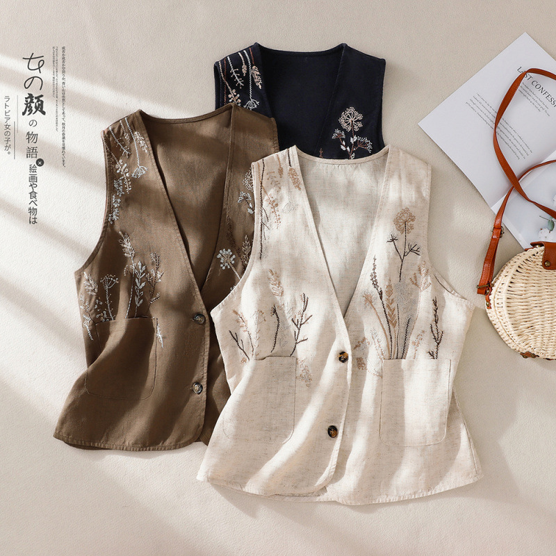 Actual Shot of the 2026 New Vintage Heavy Embroidery 100% Cotton Vest Jacket for Spring and Summer, Stylish Embroidered Sleeveless Vest Top