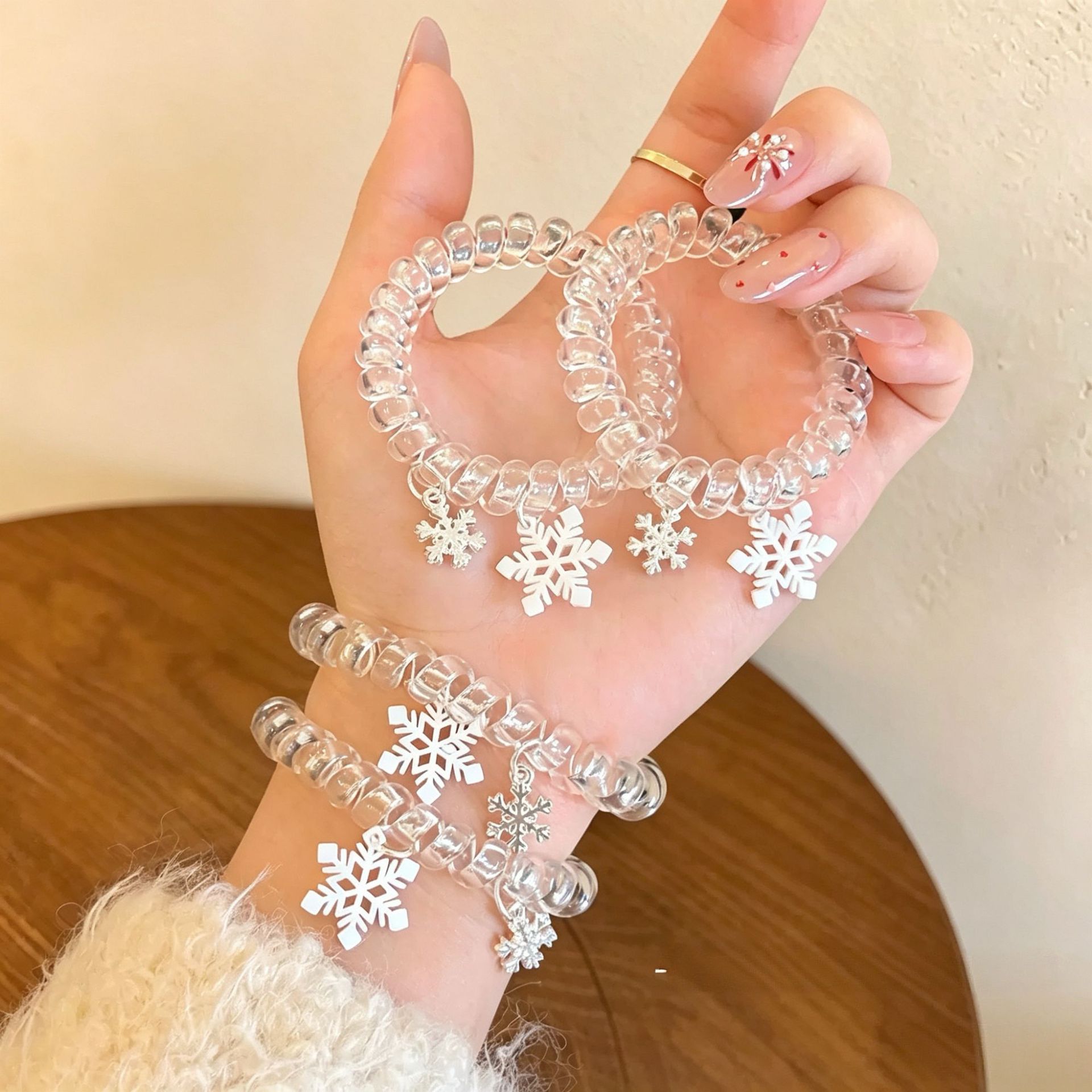 韩系透明电话线发圈女雪花吊坠扎头发绳高弹力马尾头绳橡皮筋发饰