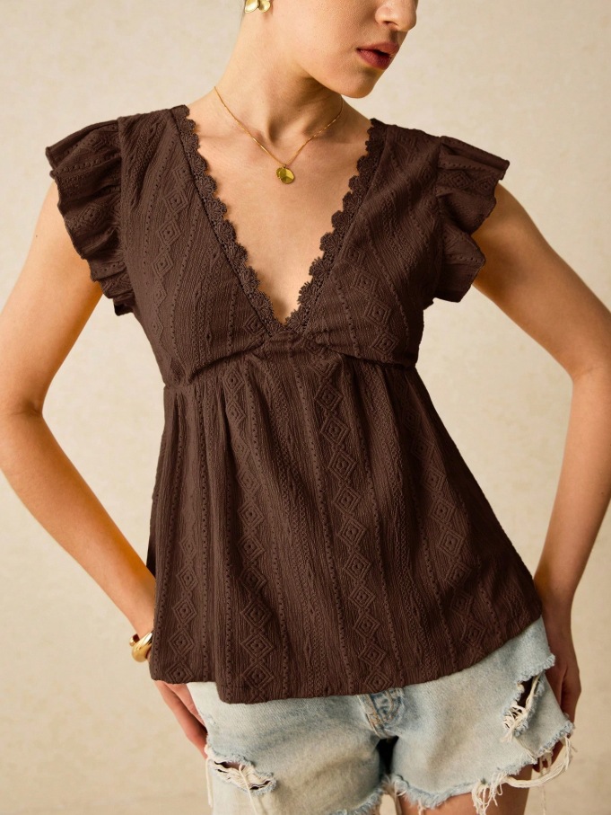 2026 European And American Cross Border Women's Spring And Summer New Fashionable Hollow V-neck Lotus Leaf Short Sleeved Lace T-shirt Top_ecoleips.com