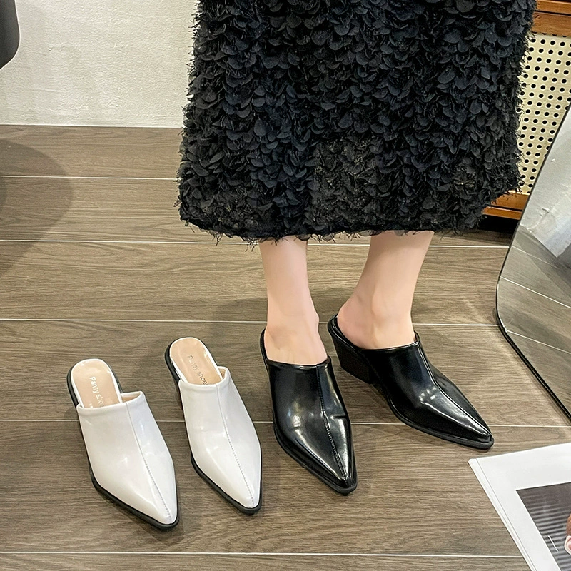 In 2024, European and American pointed heel sandals slope Baotou Mueller shoes handsome half dragging women's shoes new banquet shoes
