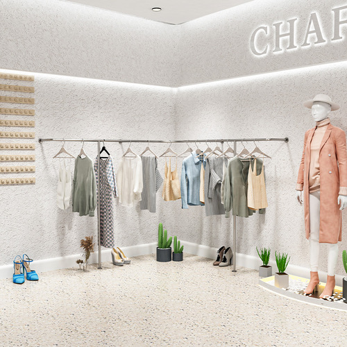 Display Rack for Clothing Store, Wall-Hanging Iron Rod with Stainless Steel Brushed Silver Finish, Popular Women's Fashion and Children's Apparel, Floor-Standing Showcase Shelf