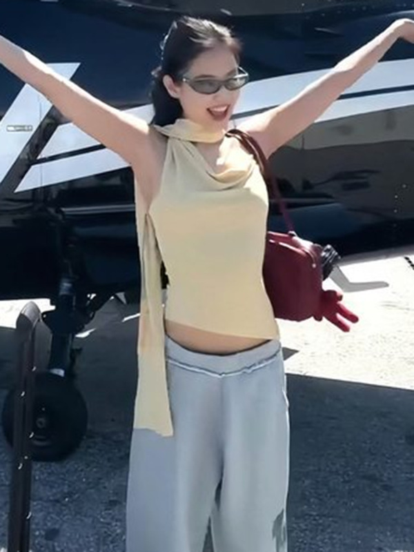 jennie同款时尚绑带荡领挂脖修身短款上衣设计感无袖修身显瘦上衣|undefined