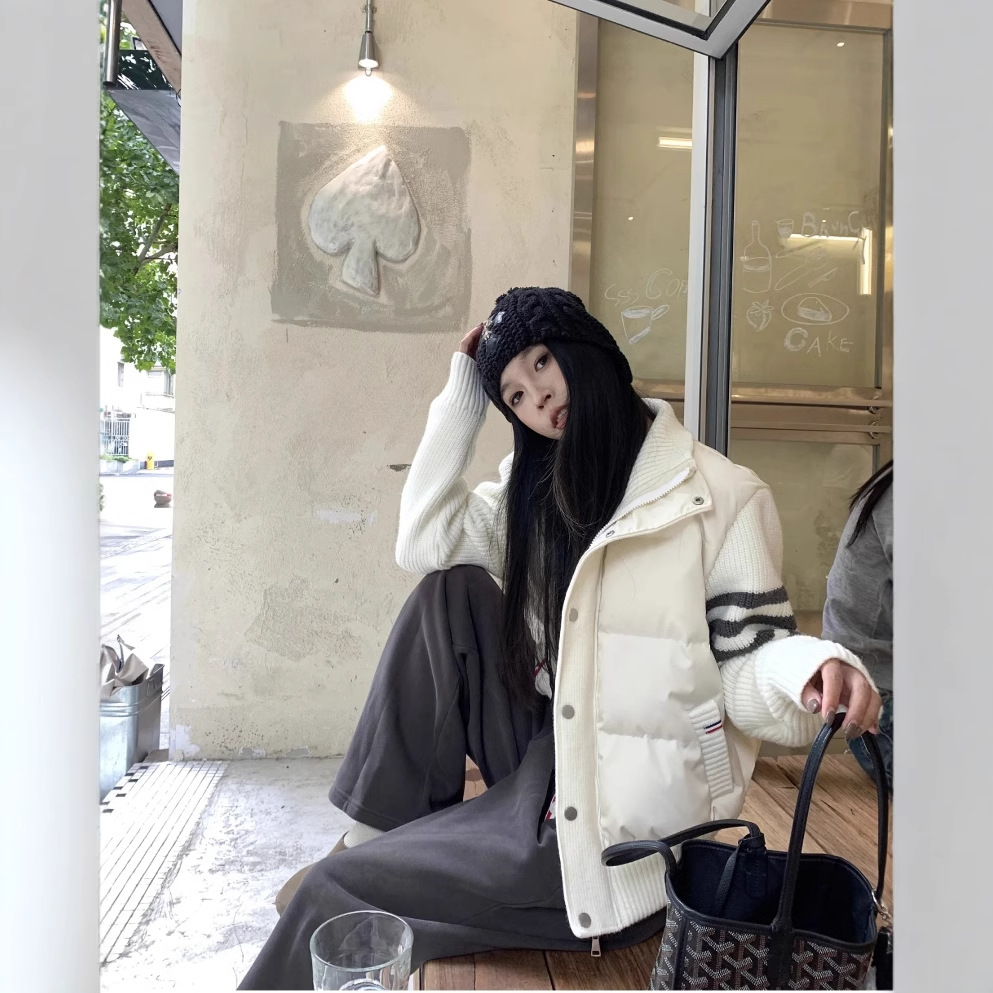 Tb Women's New Winter Knitted Sleeve down Jacket 90 White Duck down High Collar Women's Four-Stripe Stand Collar Warm and Thickened