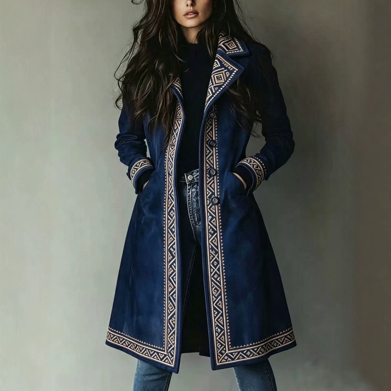 Cross-border Amazon high-quality 2026 autumn and winter TK European and American best-selling fashion lapel printed suede trench coat Cross-border Amazon high-quality 2026 autumn and winter TK European and American best-selling fashion lapel printed suede trench coat