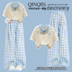 女の子の夏のワイドレッグパンツセット卸売新しいティーンエイジャーカジュアルパンツポロ半袖Tシャツ大きな子供用ツーピースセット
