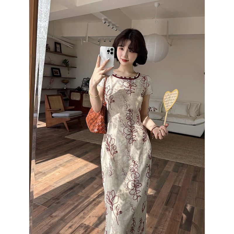 冷淡系穿搭独特漂亮掐腰国风印花连衣裙女夏季百搭巨好看的小裙子|undefined