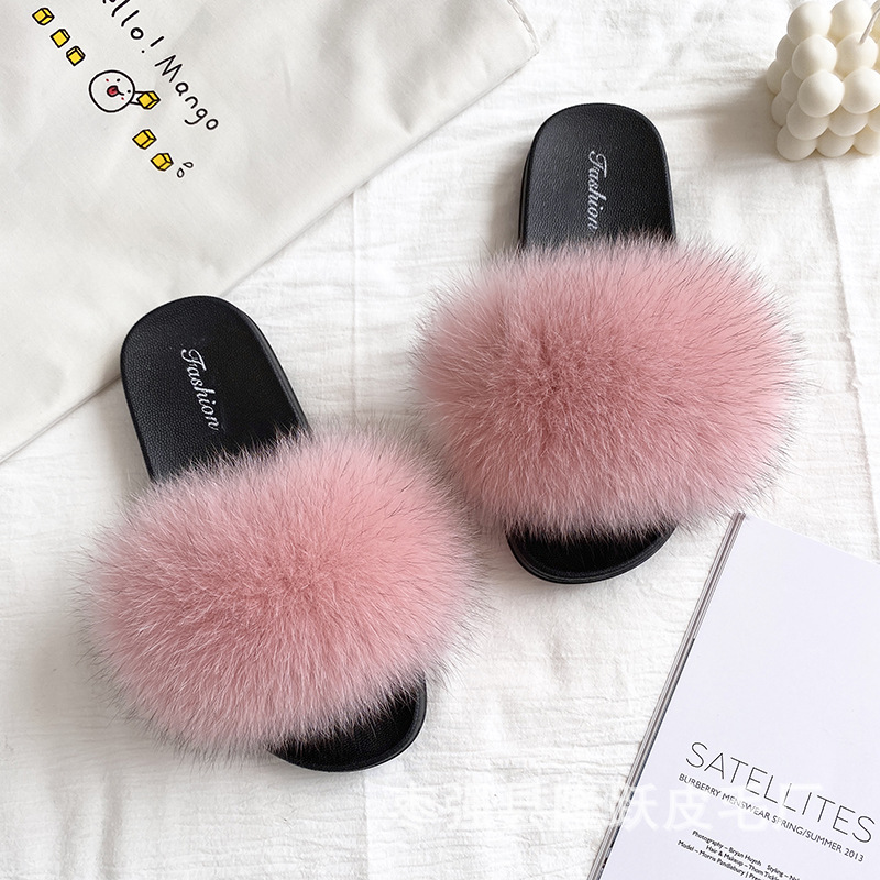 Amazon transfronterizo zapatillas de pelo de zorro real zapatillas de pelo de fondo plano zapatillas de pelo de mujer zapatillas de pelo de verano nuevas exportaciones