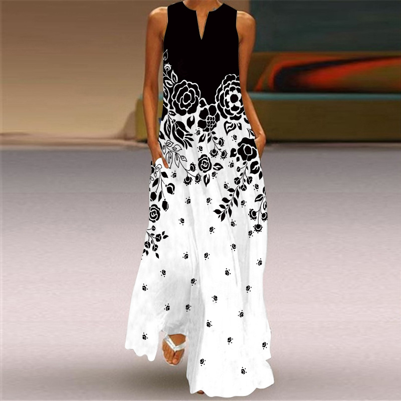 Robe longue sexy sans manches imprimée multicolore à col en V, style rétro européen et américain, collection été 2026_voghion.com