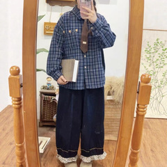 日系复古竖条纹小花polo领长袖衬衫秋季宽松休闲百搭慵懒风衬衣女