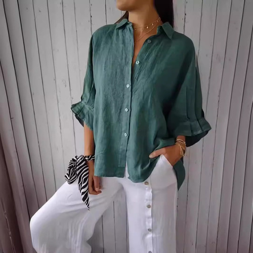European and American Spring-Season Cotton-Linen Back-Tie Design Shirt