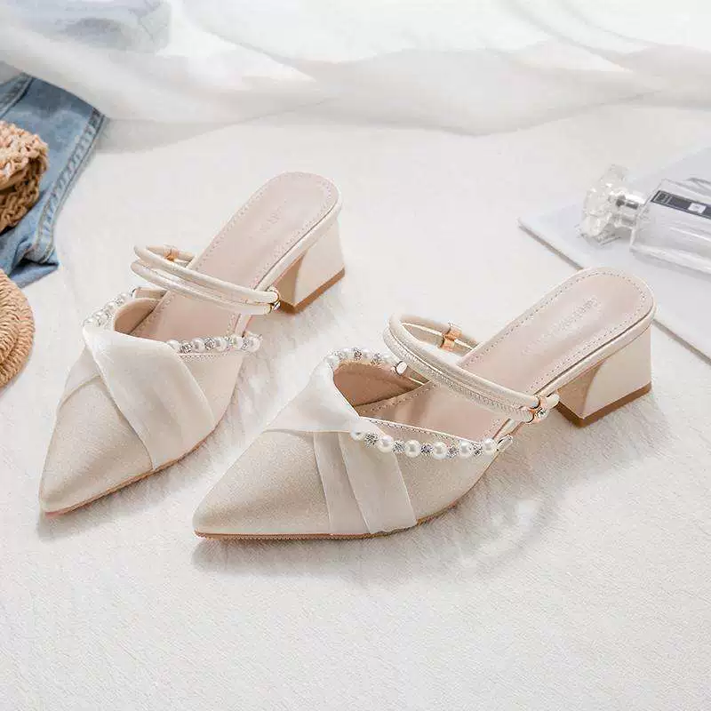 Весенне-летний новый стиль женских туфель на среднем каблуке, французские двухслойные сандалии в сказочном стиле, сандалии с носком, женские туфли на толстом каблуке с острым носком.