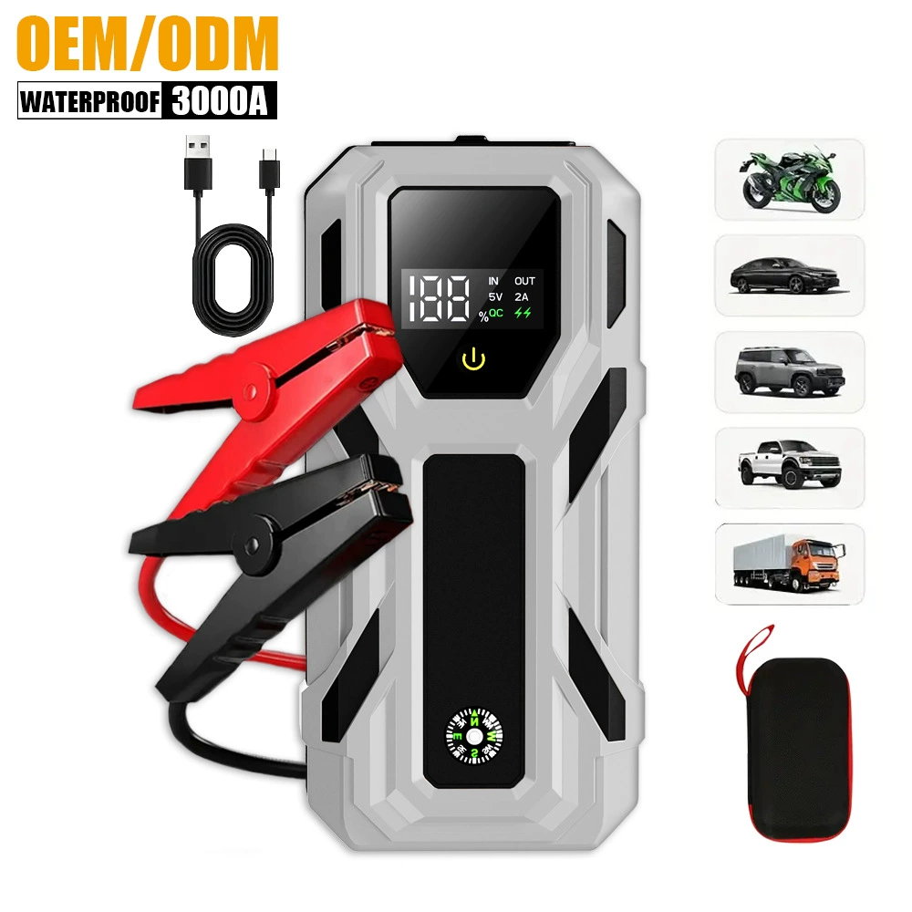 Портативное пусковое устройство для автомобиля, водонепроницаемое, с быстрой зарядкой PD20W, большой емкостью 3000А, 12В, мощное пусковое устройство-аккумулятор