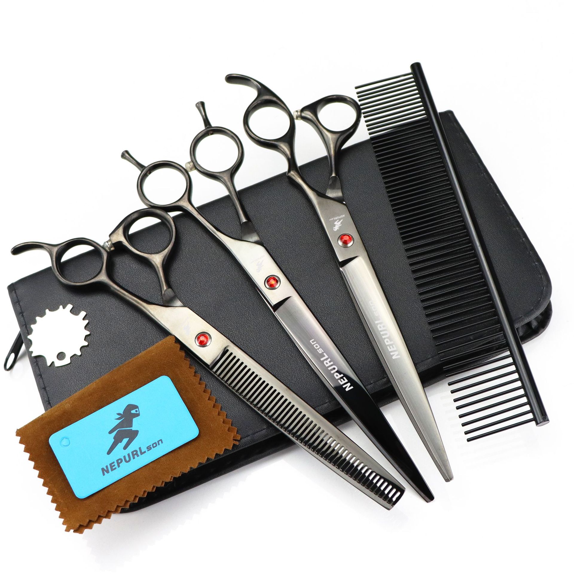 8.0寸奈普森 黑色电镀 3把装 宠物美容剪刀 直剪 套装 送排梳