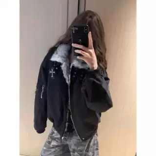 美式复古十字架毛领座山雕设计感棉服外套男冬季宽松加厚加绒夹克