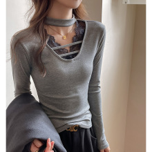 严选秋冬季磨毛打底衫女v领蕾丝拼接修身显瘦高级感内搭长袖t恤