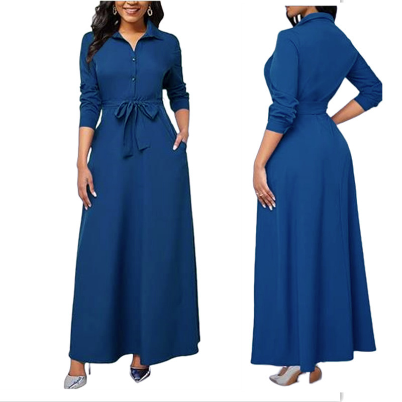 24. Single Spring and Autumn Waist-Tie Long-Sleeve Long Dress for Aliexpress, Foreign Trade Body-Shaping A-Line Dress, Aliexpress Muslim Jacket