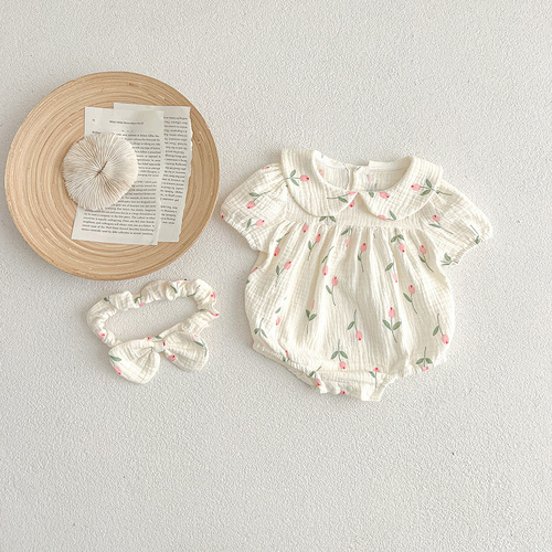2024 Baby Short Sleeve Diaper Cover Summer Gauze Triangle Crawling Suit Onesie Girls Tulip Set Sister Outfit